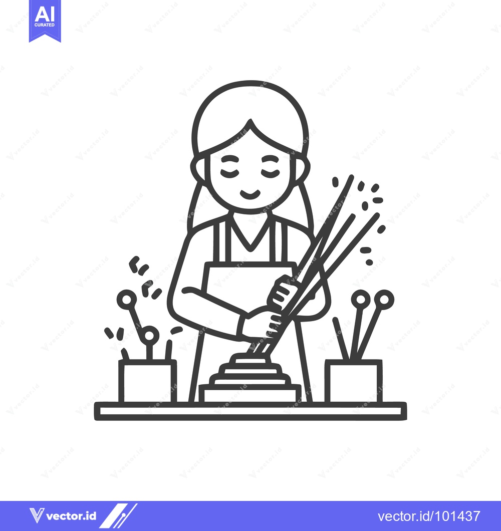 Premium Vector of Focused Craftswoman Creating Handmade Incense Sticks, Minimalist Line