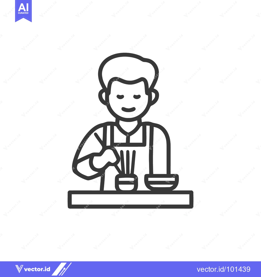 Premium Vector of Happy Artisan in Apron at a Table, Minimalist Line Art Icon