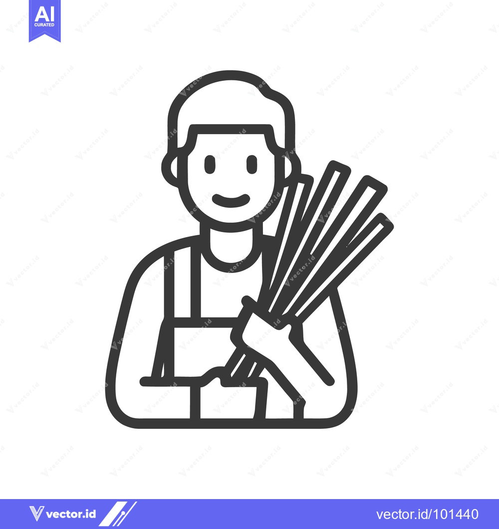 Premium Vector dari Smiling Worker in Apron Holding a Bundle of Rods, Minimalist Line Art