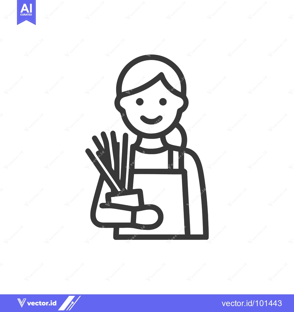 Premium Vector of Cheerful Florist with Houseplant, Simple Black Outline Vector Graphic
