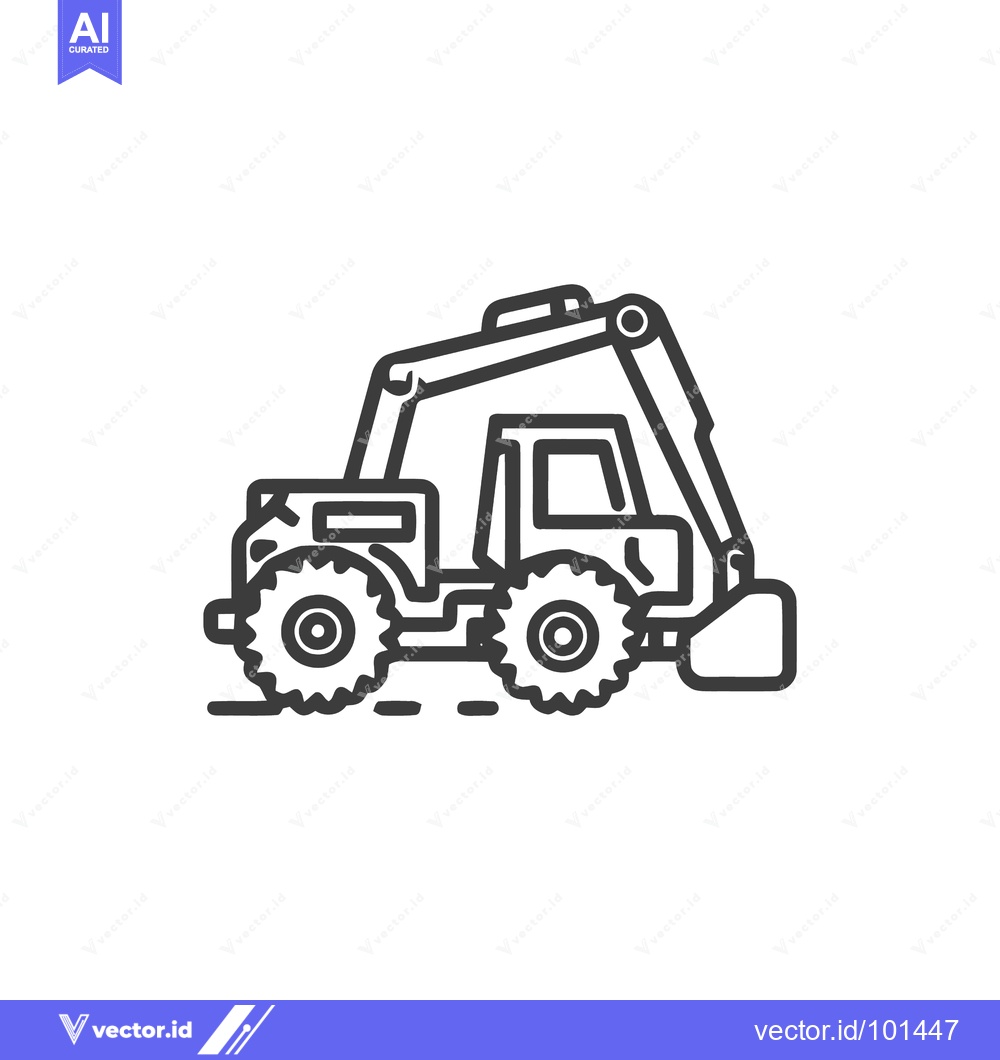 Premium Vector of Sleek Backhoe Loader Line Art Icon, Heavy Construction Machinery