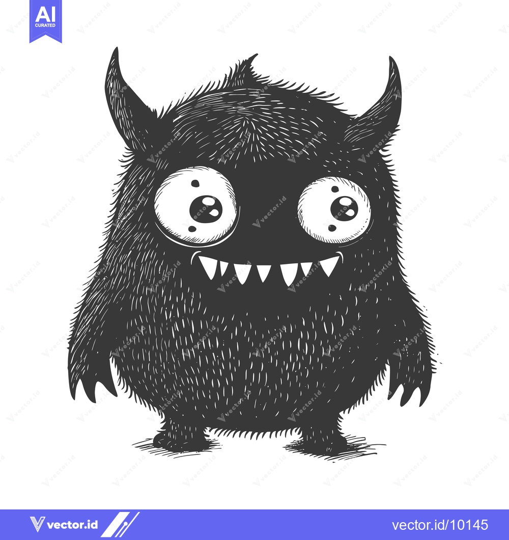Premium Vector dari A Black and White Cartoon Monster with Big Eyes and Sharp Teeth