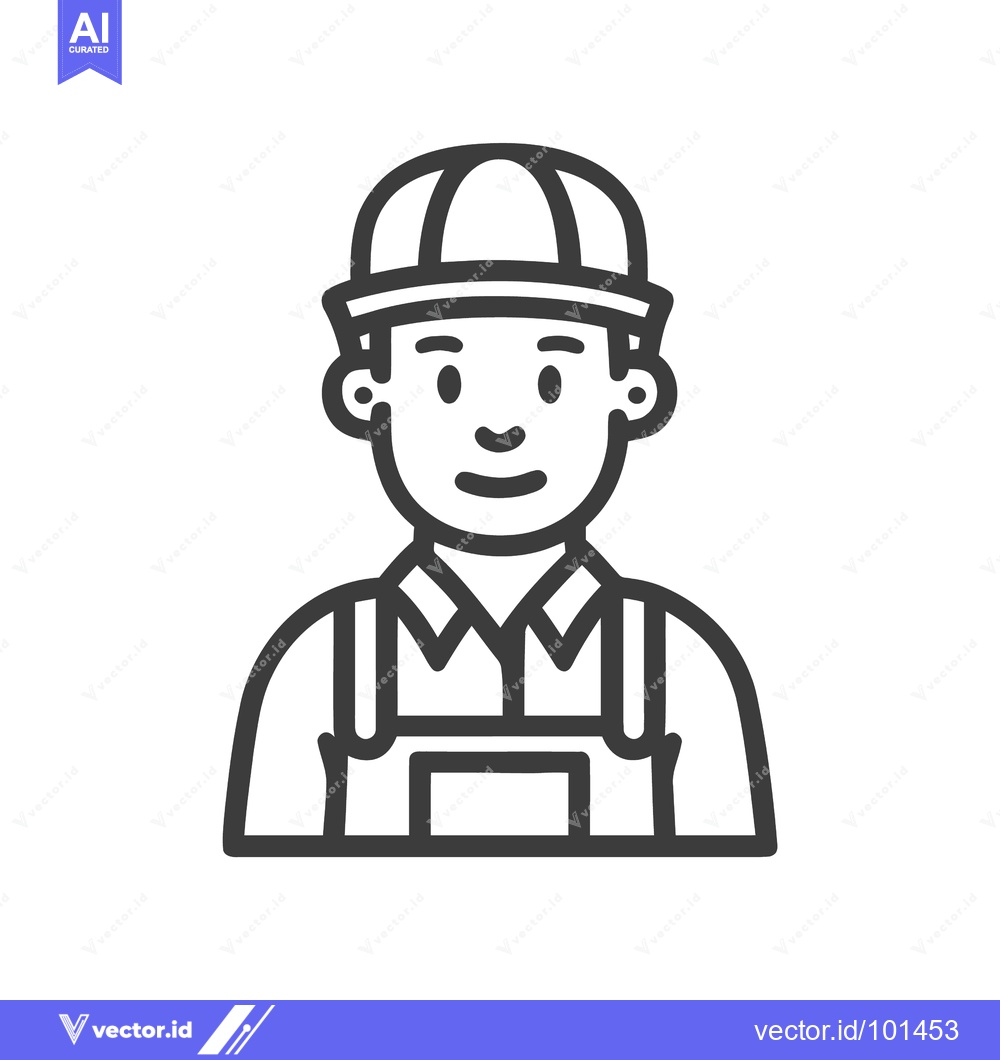Premium Vector of Friendly Male Builder in Hard Hat and Overalls, Minimalist Line Art Ic