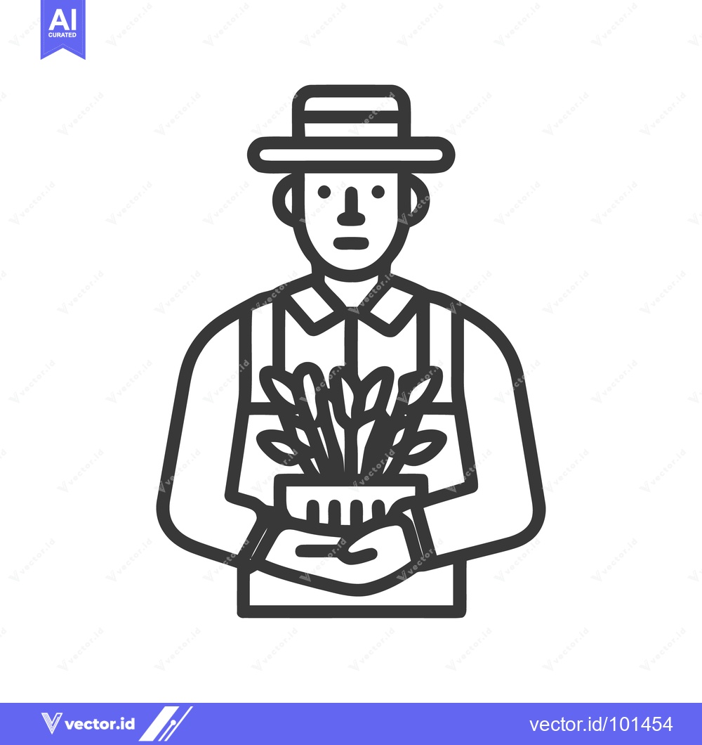 Premium Vector of Bold line art icon of a gardener in a hat holding a potted plant.