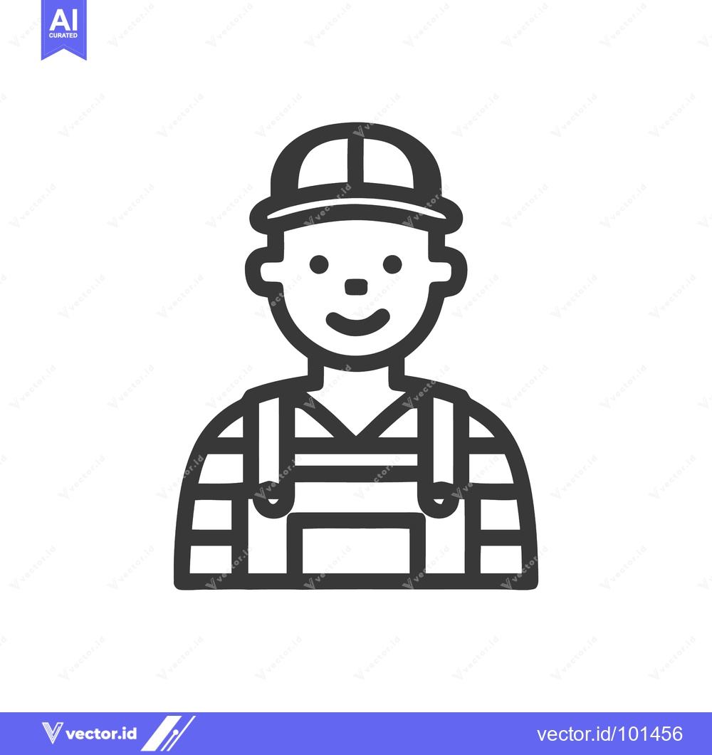 Premium Vector of Smiling Worker in Hard Hat and Overalls, Minimalist Outline Icon