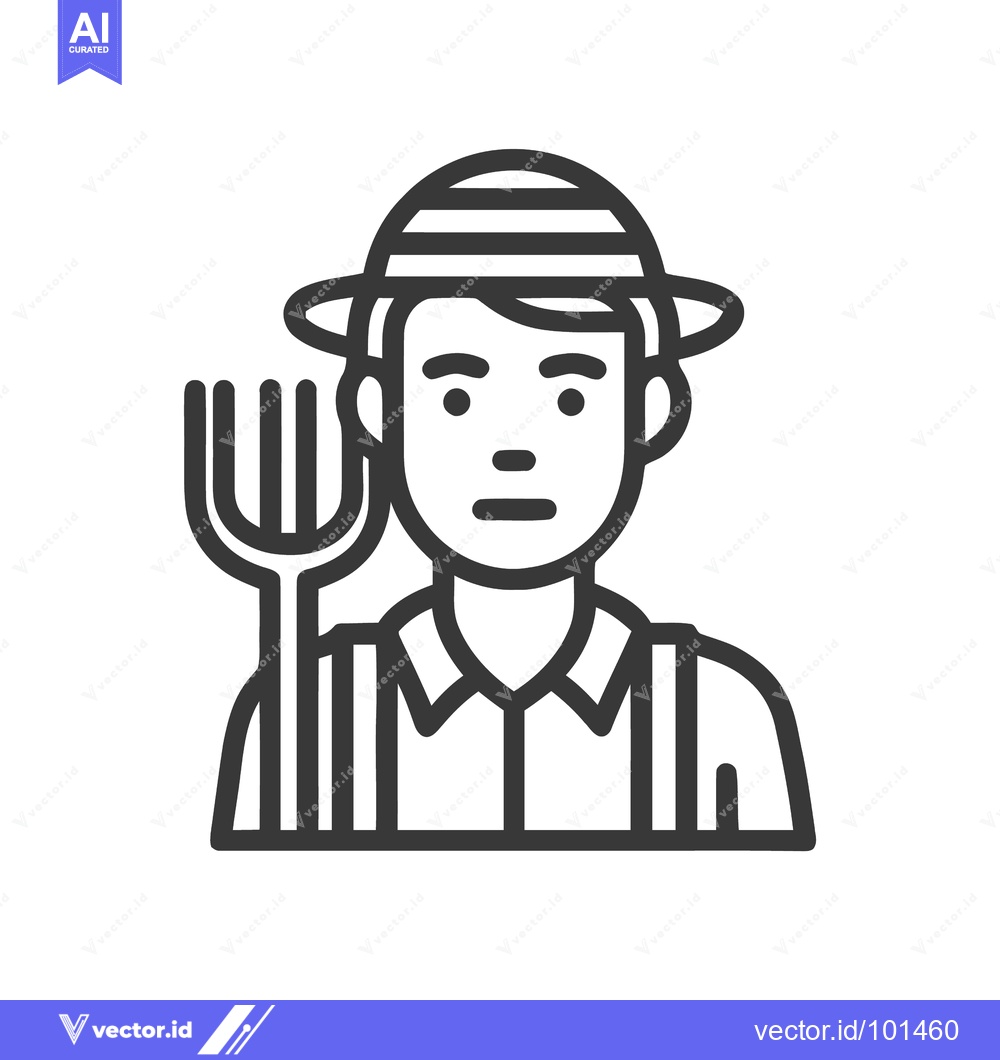 Premium Vector of Minimalist Farmer Icon with Pitchfork and Striped Hat Line Art