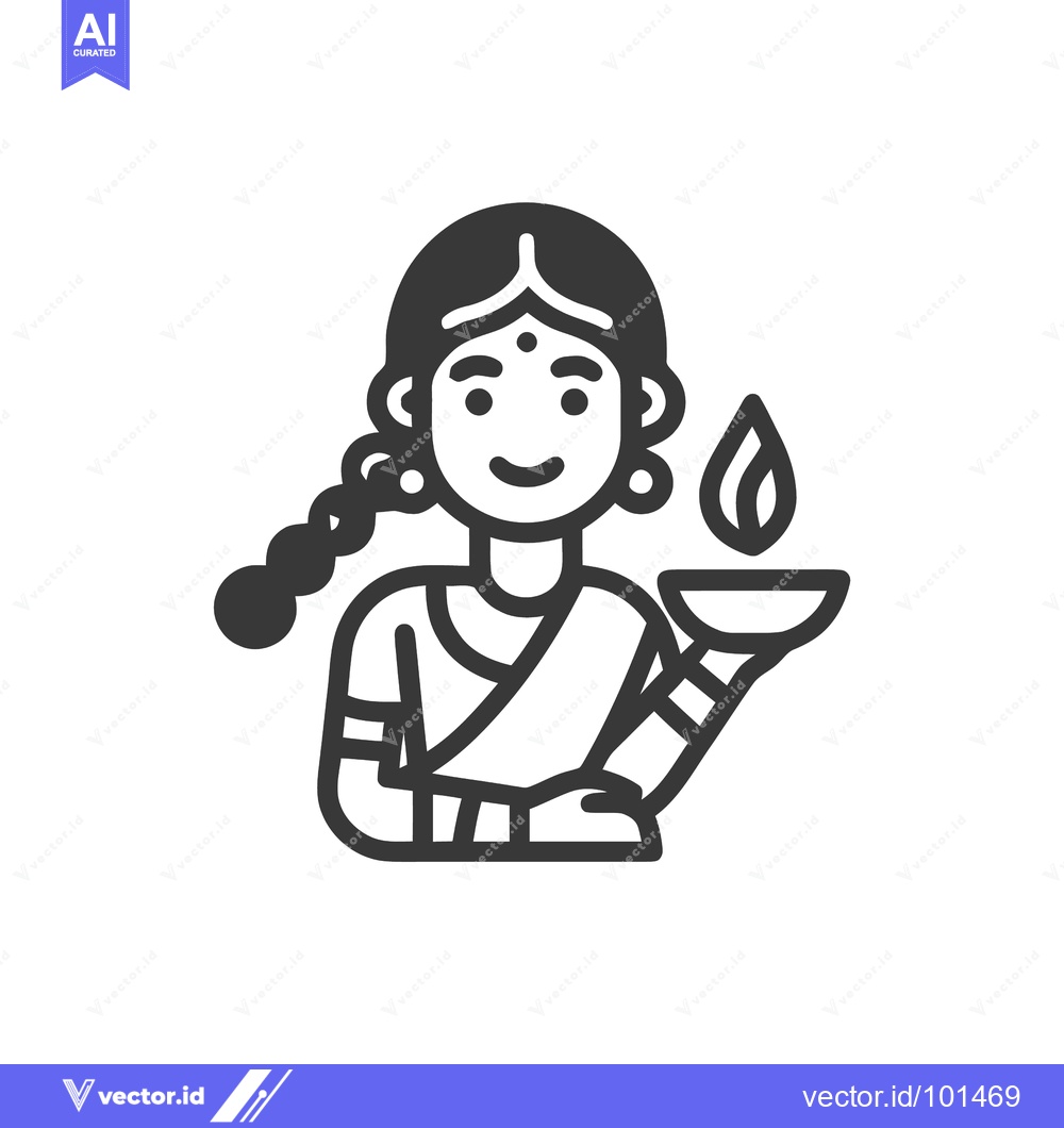 Premium Vector dari Graceful Indian Woman with Braided Hair Holding a Sacred Diya Lamp Ico