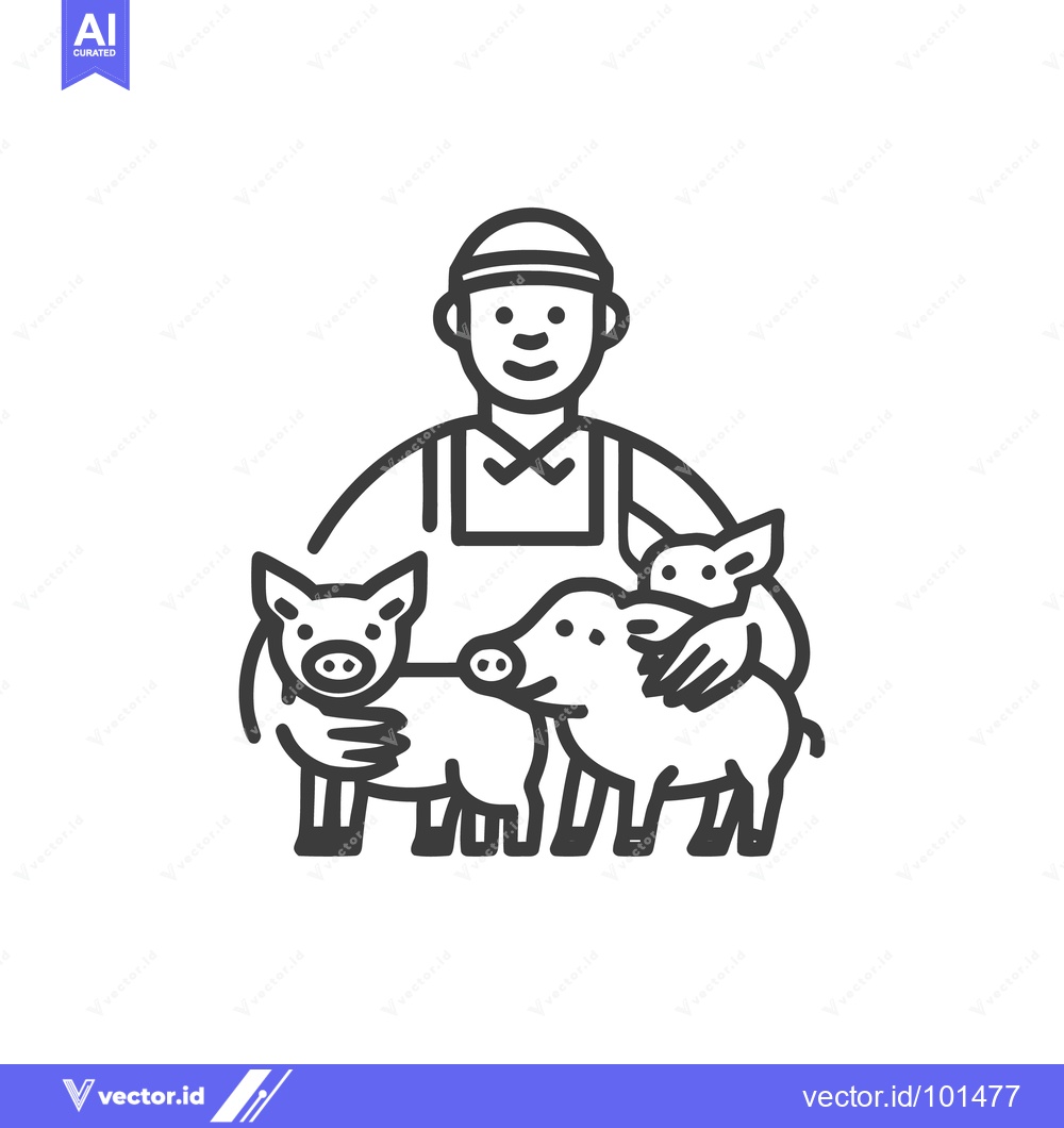 Premium Vector of Smiling Farmer Cradling Three Happy Piglets Line Art Icon