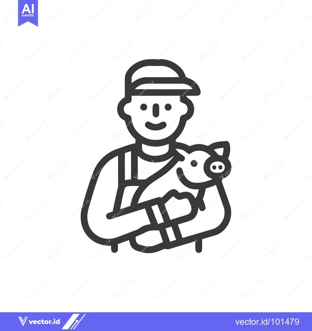 Premium Vector dari Cheerful Farmer in a Cap Cuddling a Happy Piglet Line Art Icon