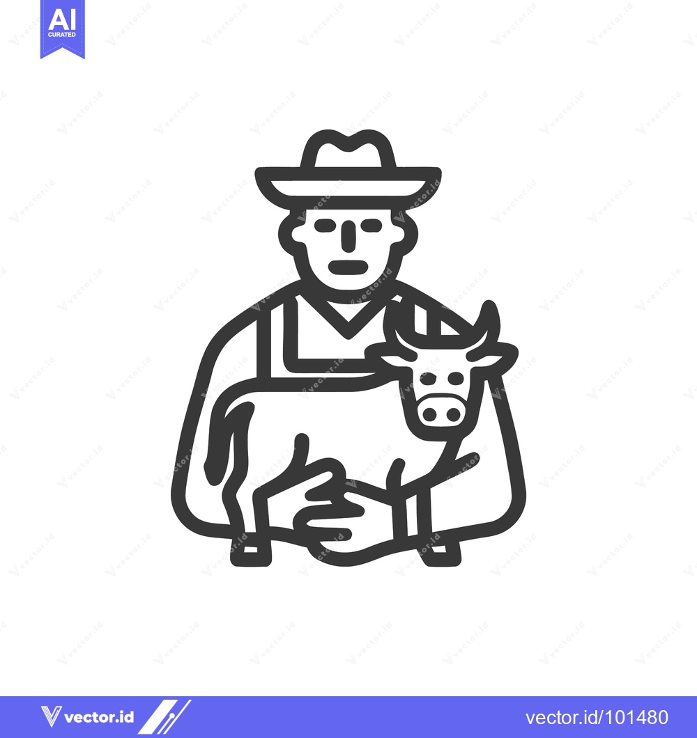 Premium Vector dari Clean Line Art Icon: Farmer in Hat and Overalls Gently Holding a Calf,