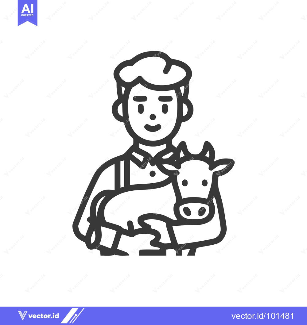 Premium Vector dari Smiling Farmer Gently Holding a Young Calf, Minimalist Line Art Icon f
