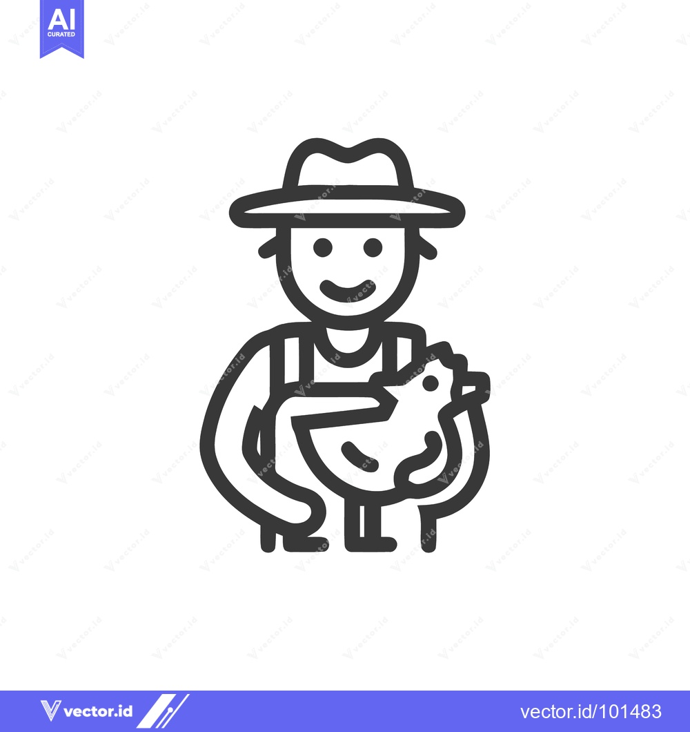 Premium Vector of Smiling Farmer in Hat Holding Chicken Minimalist Line Art Icon