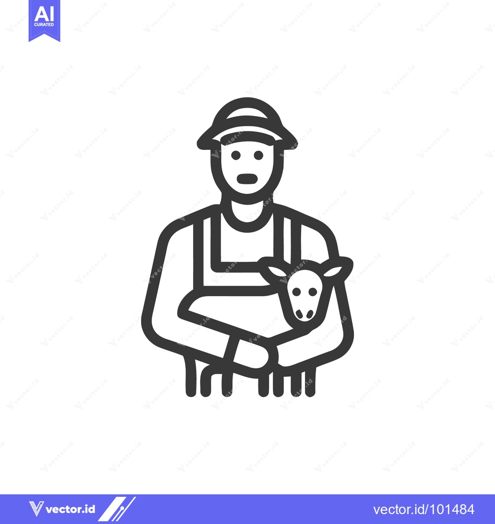 Premium Vector dari Stylized Farmer Holding Lamb Icon: Simple Black Line Art Vector for Ag