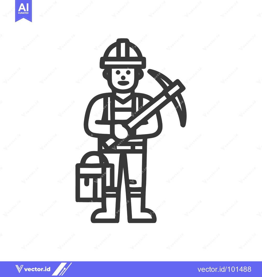 Premium Vector dari Simple Line Icon of a Miner or Construction Worker with Pickaxe and Bu