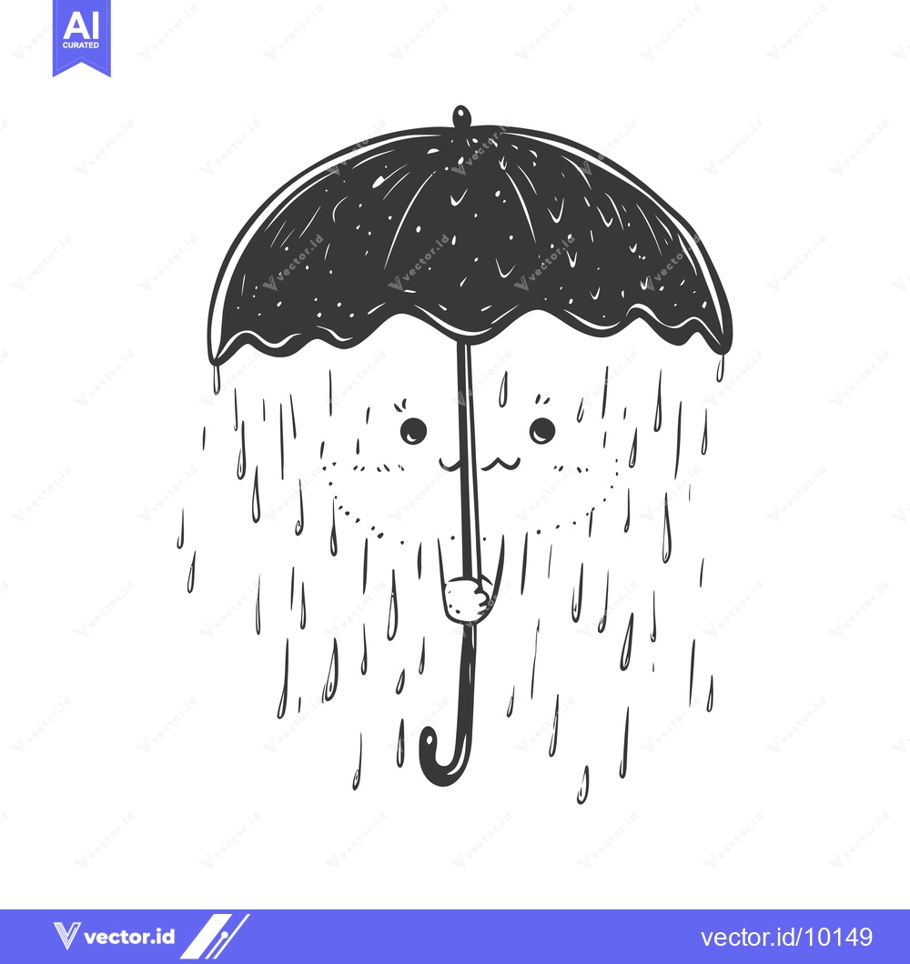 Premium Vector dari A Black and White Cartoon Umbrella with a Face and Rain