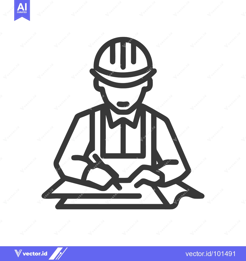 Premium Vector dari Bold Line Icon of Engineer in Hard Hat Drafting Plans on Paper, Profes