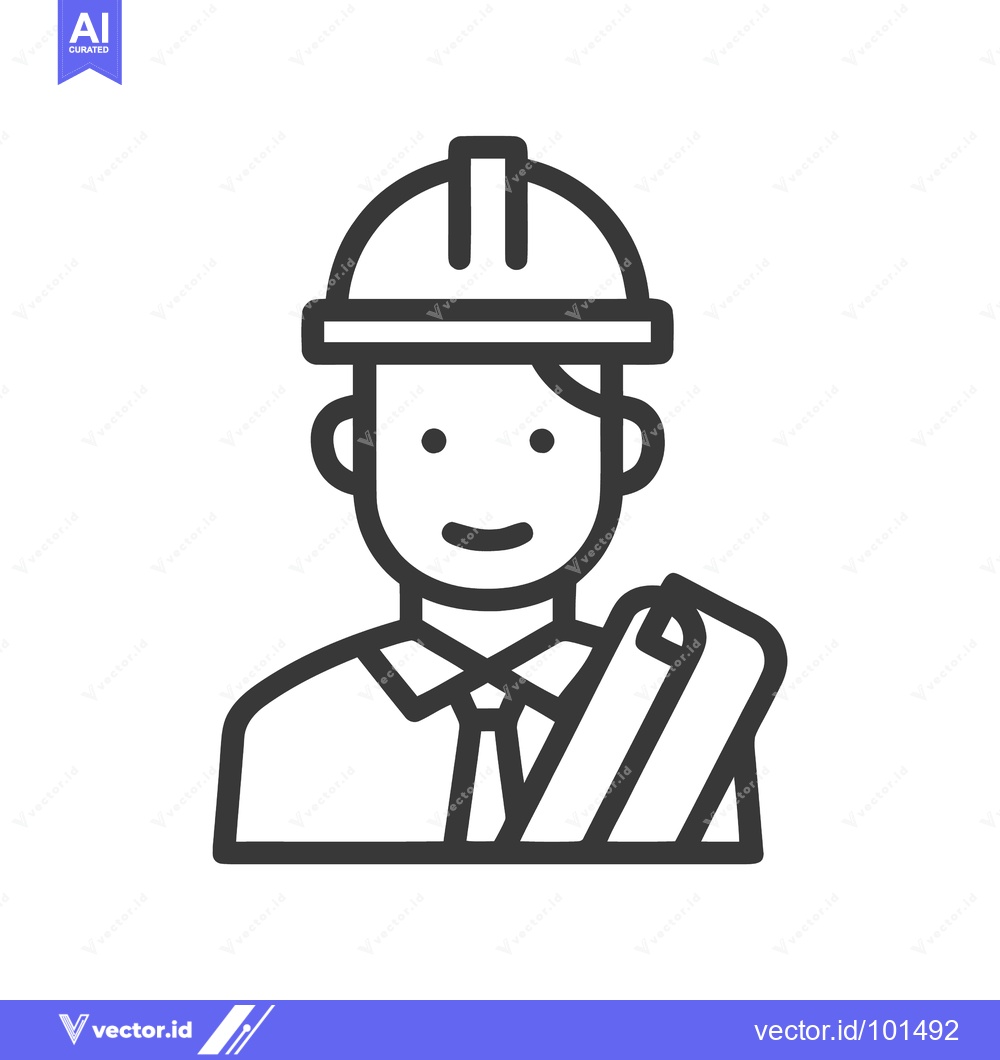 Premium Vector of Professional Engineer Icon with Hard Hat and Blueprint, Smiling Archit
