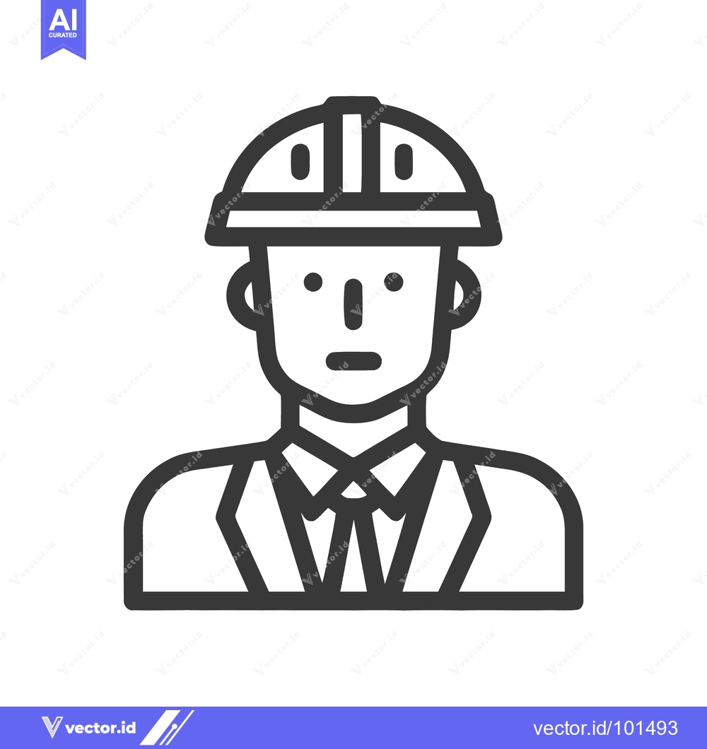 Premium Vector of Professional Male Worker Icon with Hard Hat and Tie, Minimalist Line A