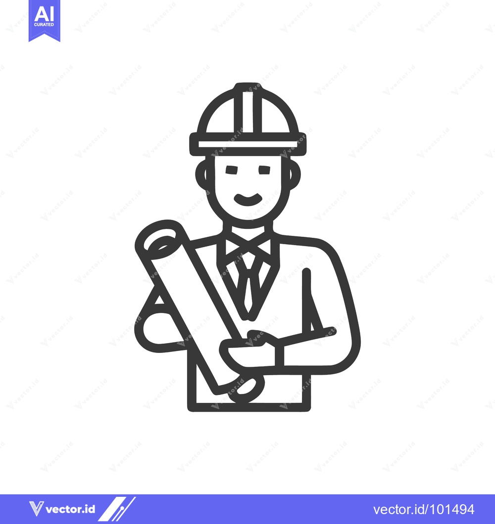 Premium Vector dari Vector Line Icon of a Smiling Male Architect or Engineer Holding Bluep