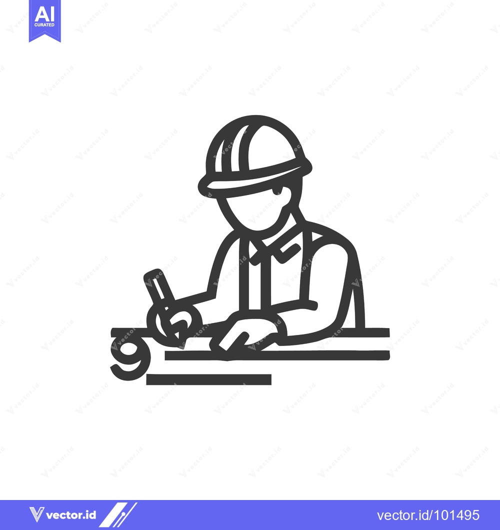 Premium Vector of Line Art Icon of Engineer or Architect with Hard Hat Drawing Blueprint