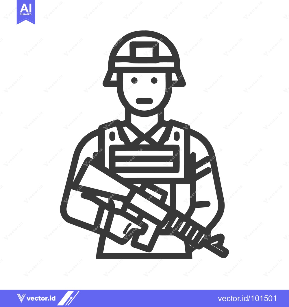 Premium Vector of Minimalist Line Art Soldier Icon with Helmet, Body Armor, and Assault