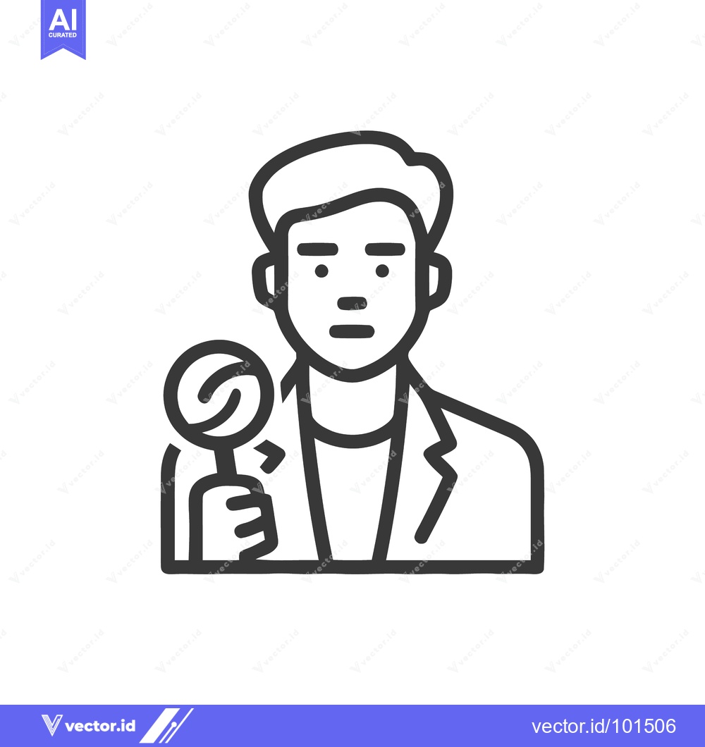 Premium Vector of Modern Line Art Icon of Male Figure Holding Microphone for Interview,