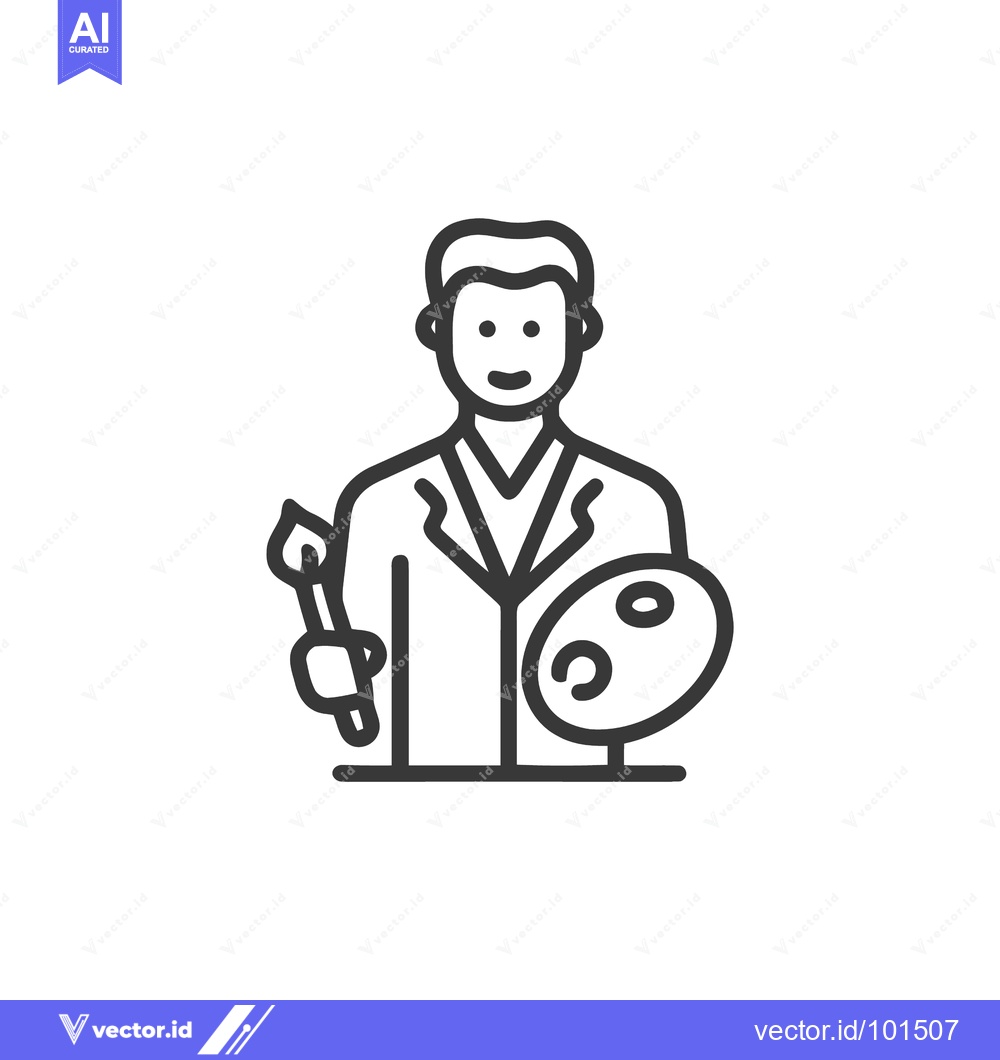 Premium Vector of Smiling Artist Line Icon with Paintbrush and Palette, Creative Profess
