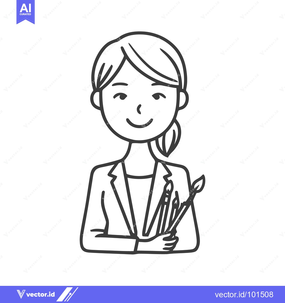 Premium Vector dari Smiling Female Artist Holding Paintbrushes Line Art Illustration, Crea