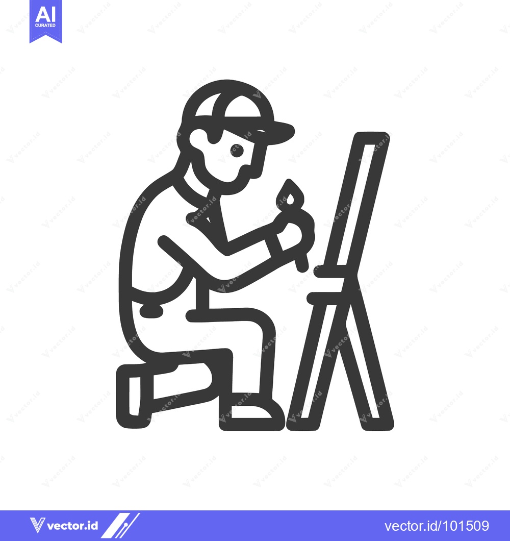 Premium Vector of Stylized Line Art Icon of a Kneeling Artist Painting on an Easel, Symb