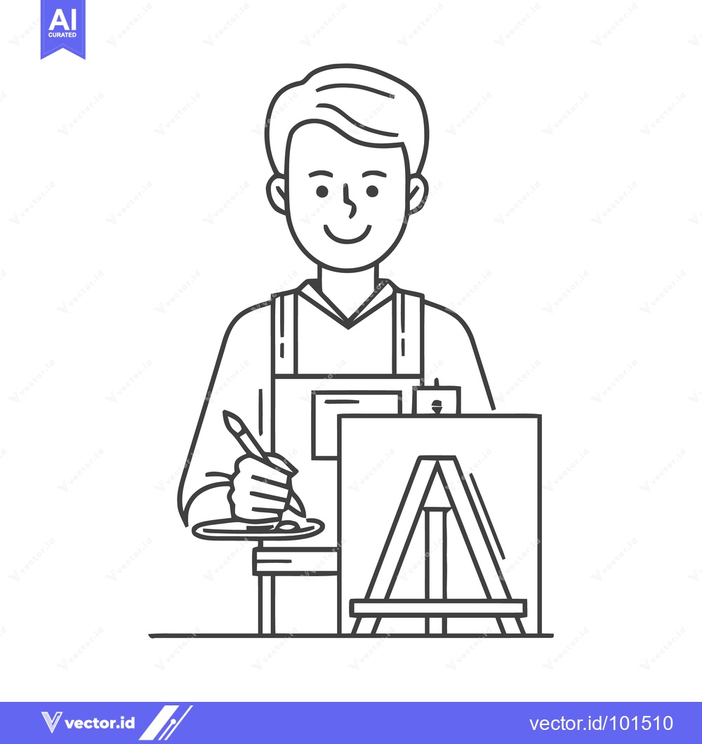 Premium Vector of Happy Artist Line Art: Smiling Painter with Brush and Palette at Easel