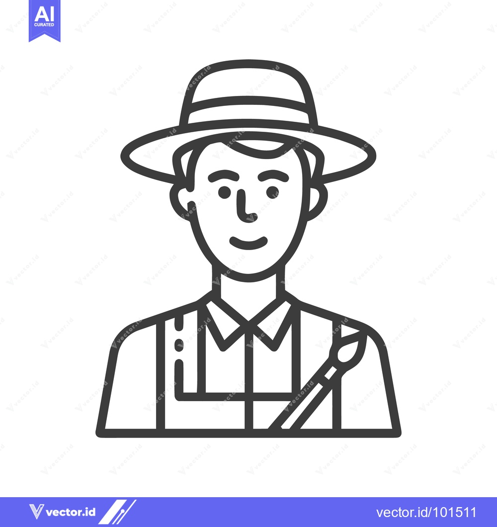 Premium Vector dari Smiling Line Art Icon of Male Artist with Hat and Paintbrush, Creative