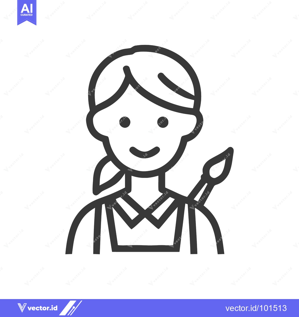 Premium Vector of Smiling Female Artist Avatar Icon with Paintbrush and Apron, Simple Li