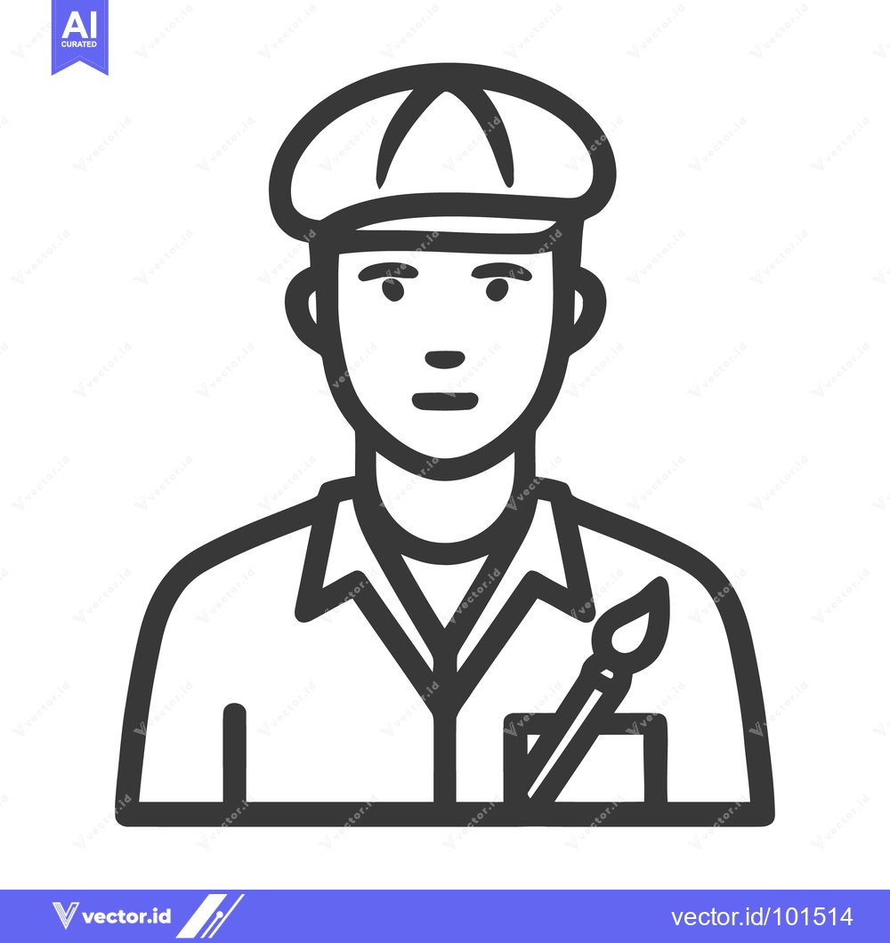 Premium Vector dari Minimalist Line Art Icon of a Creative Artist or Painter Wearing a Ber