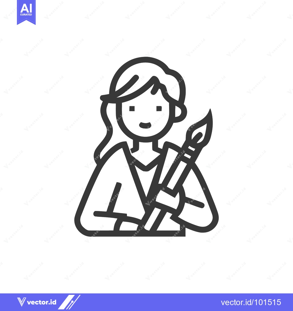 Premium Vector dari Smiling Female Artist Icon with Paintbrush: Minimalist Line Art for Cr