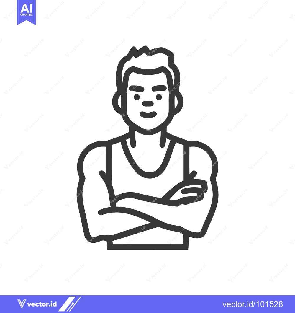 Premium Vector of Confident athletic man with crossed arms, a bold minimalist line icon.