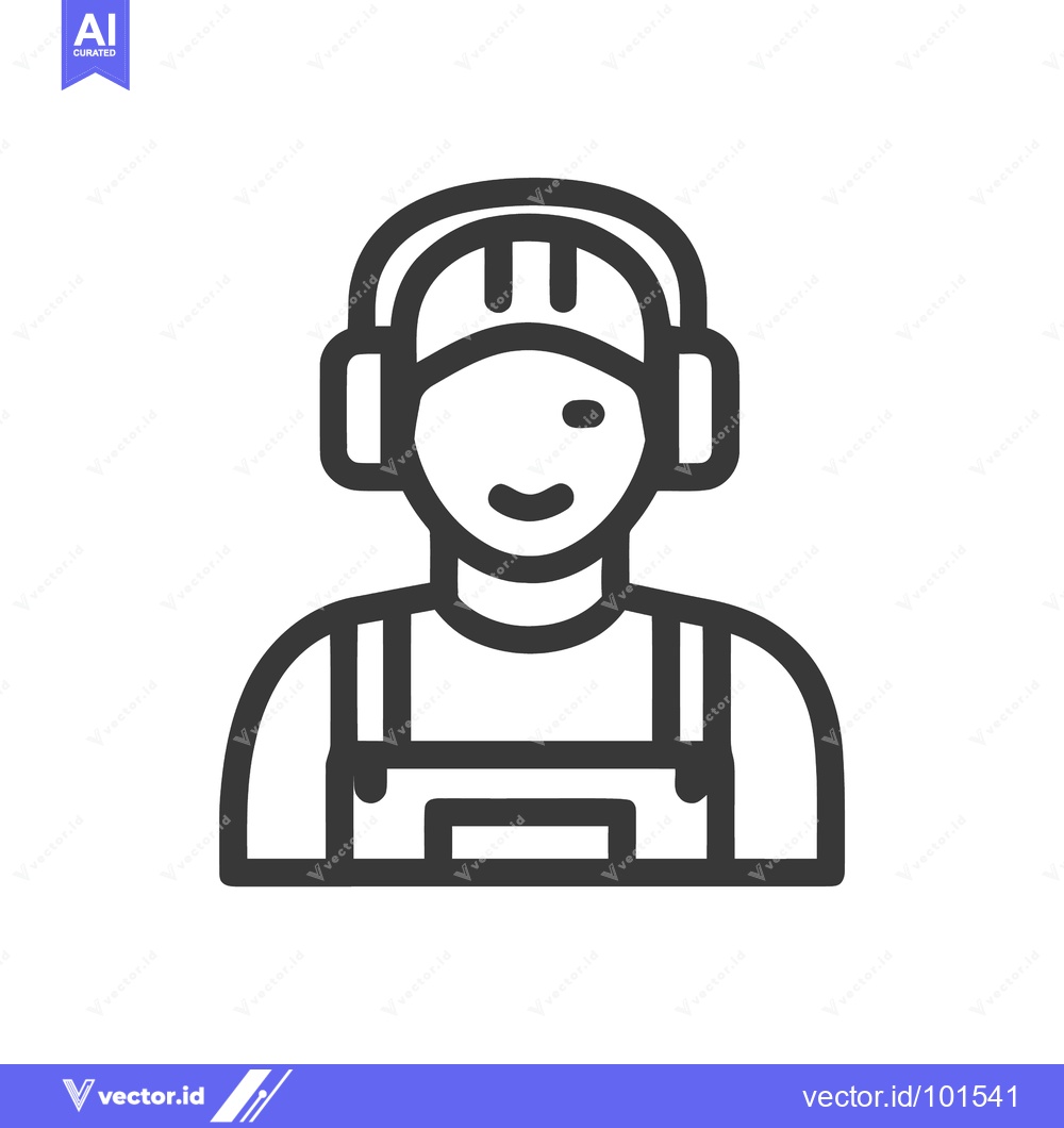 Premium Vector dari Friendly Industrial Worker with Hard Hat and Earmuffs Line Art Icon