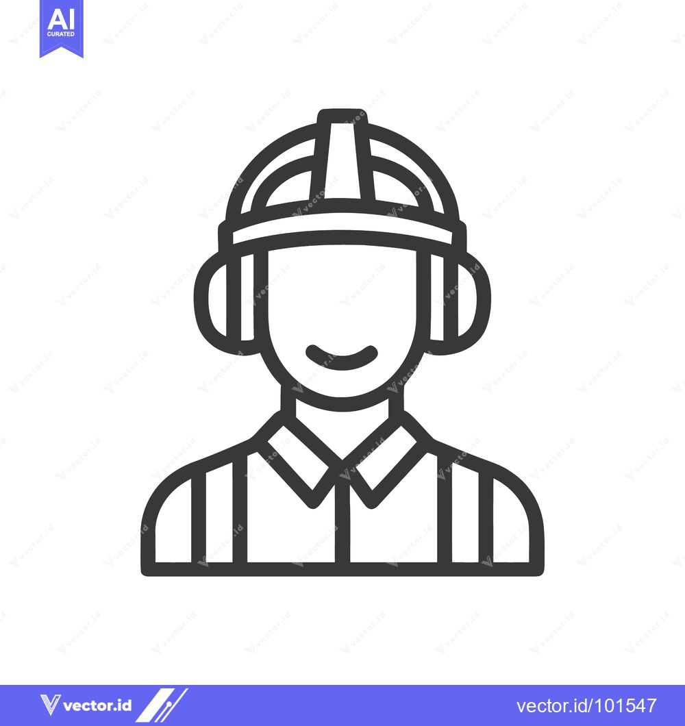 Premium Vector of Friendly Industrial Worker with Hard Hat and Earmuffs, a Minimalist Ou