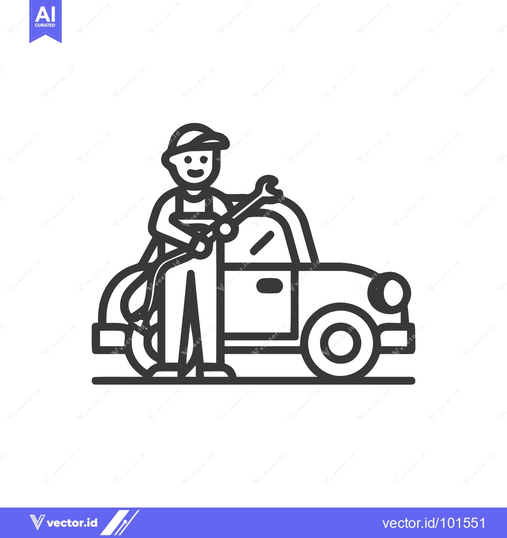 Premium Vector dari Cheerful Mechanic in Overalls with Wrench and Classic Car Line Art