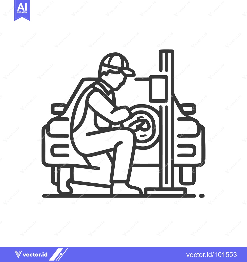 Premium Vector dari Skilled Auto Technician Adjusting Car Wheel on Lift, Line Art Icon
