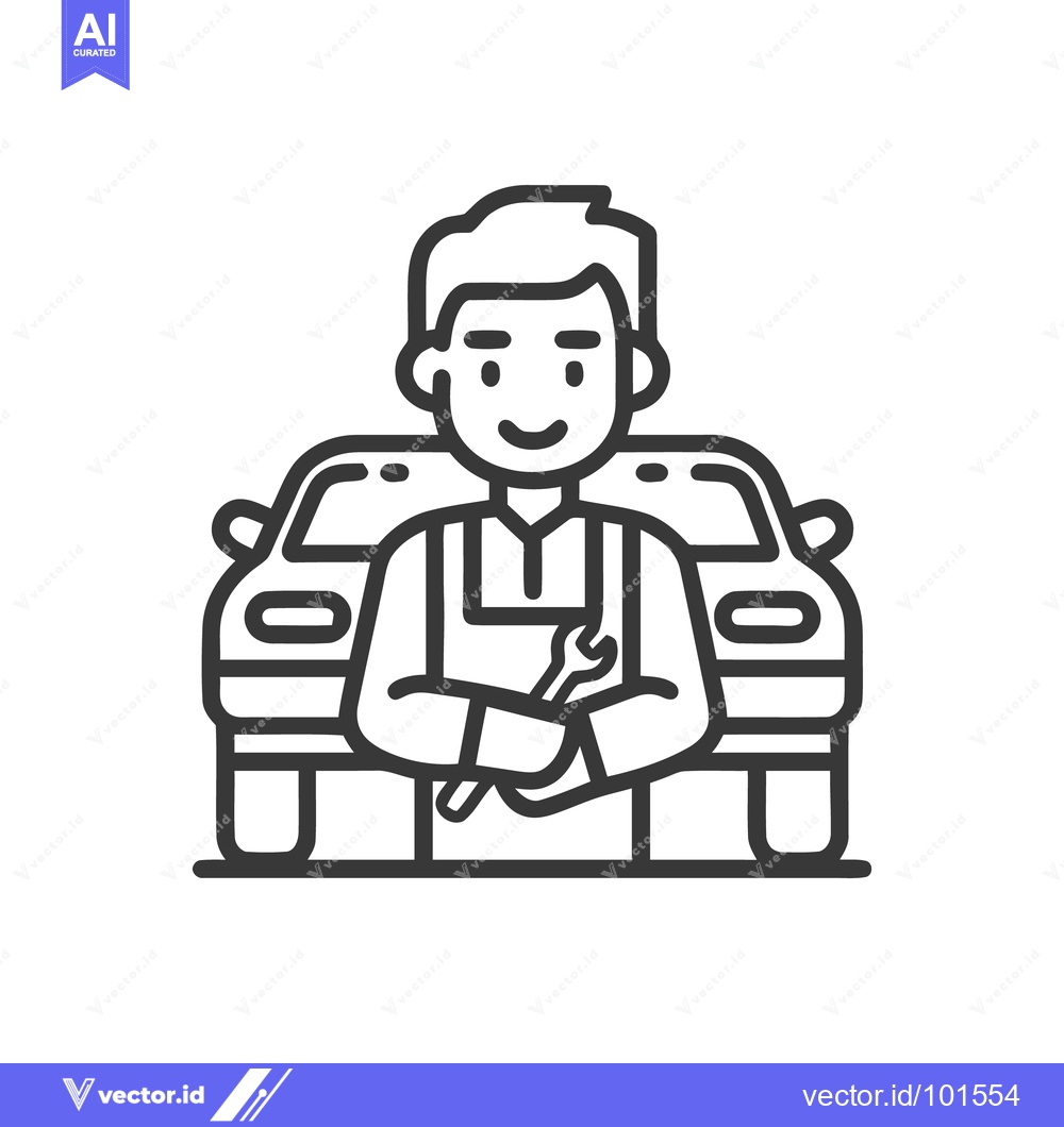 Premium Vector dari Confident Auto Mechanic with Wrench, Minimalist Line Art Icon