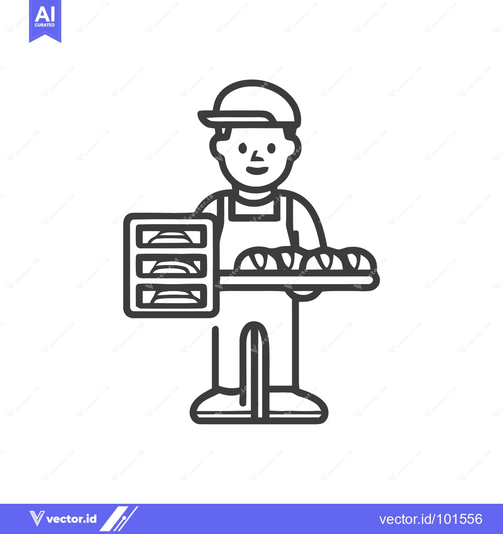 Premium Vector dari Smiling Baker Character with Fresh Bread Trays Minimalist Line Art Ico