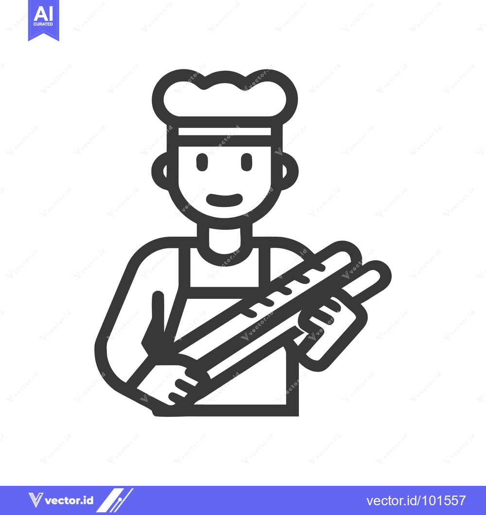 Premium Vector of Smiling Baker with Fresh Baguettes, Minimalist Outline Icon