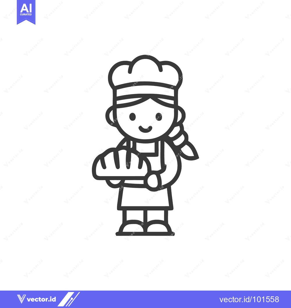Premium Vector dari Charming Female Baker with Braided Hair Holding Bread, Line Art Icon