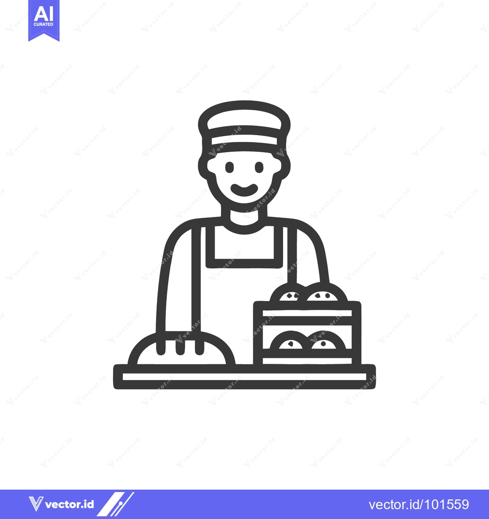 Premium Vector of Smiling Baker at Counter with Fresh Bread and Buns Line Art Icon