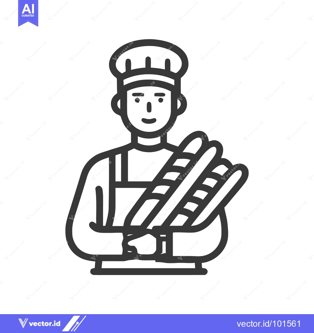 Premium Vector of Artisan Baker with Fresh Baguettes, Clean Monoline Vector Icon