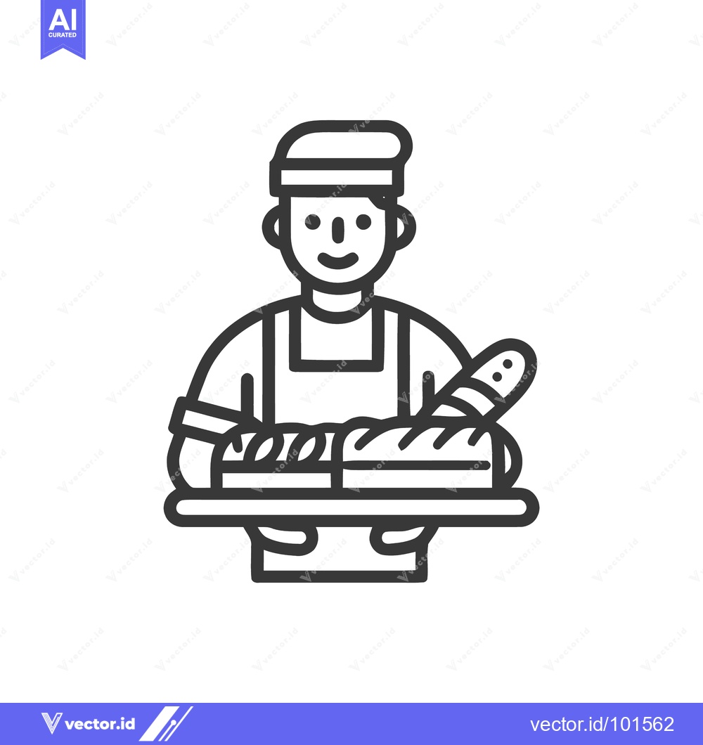 Premium Vector of Friendly Baker with Fresh Baguette and Loaf, Minimalist Line Art Icon