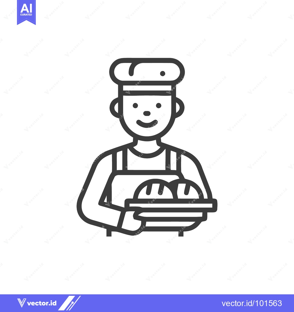 Premium Vector dari Friendly Baker Holding Fresh Bread, Simple Line Art Vector Icon