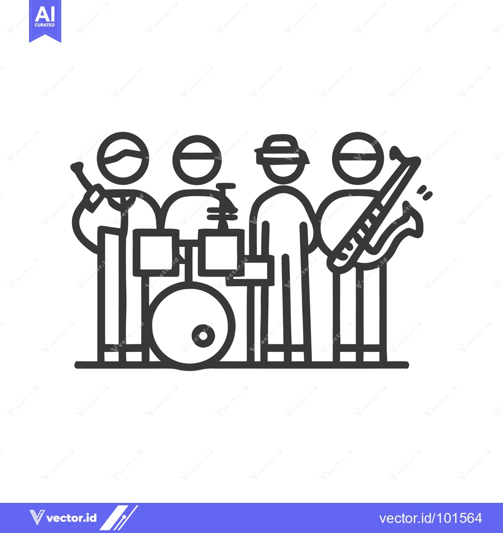 Premium Vector dari Stylized Four-Piece Band with Saxophone, Trumpet, and Drums Line Icon
