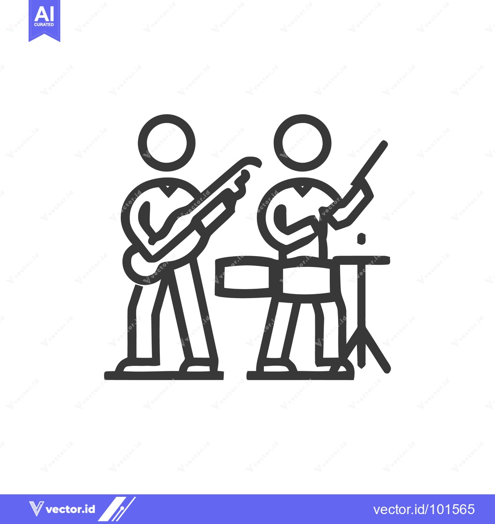 Premium Vector of Rock Duo Performance: Bold Line Art Icon of Guitar and Drum Players