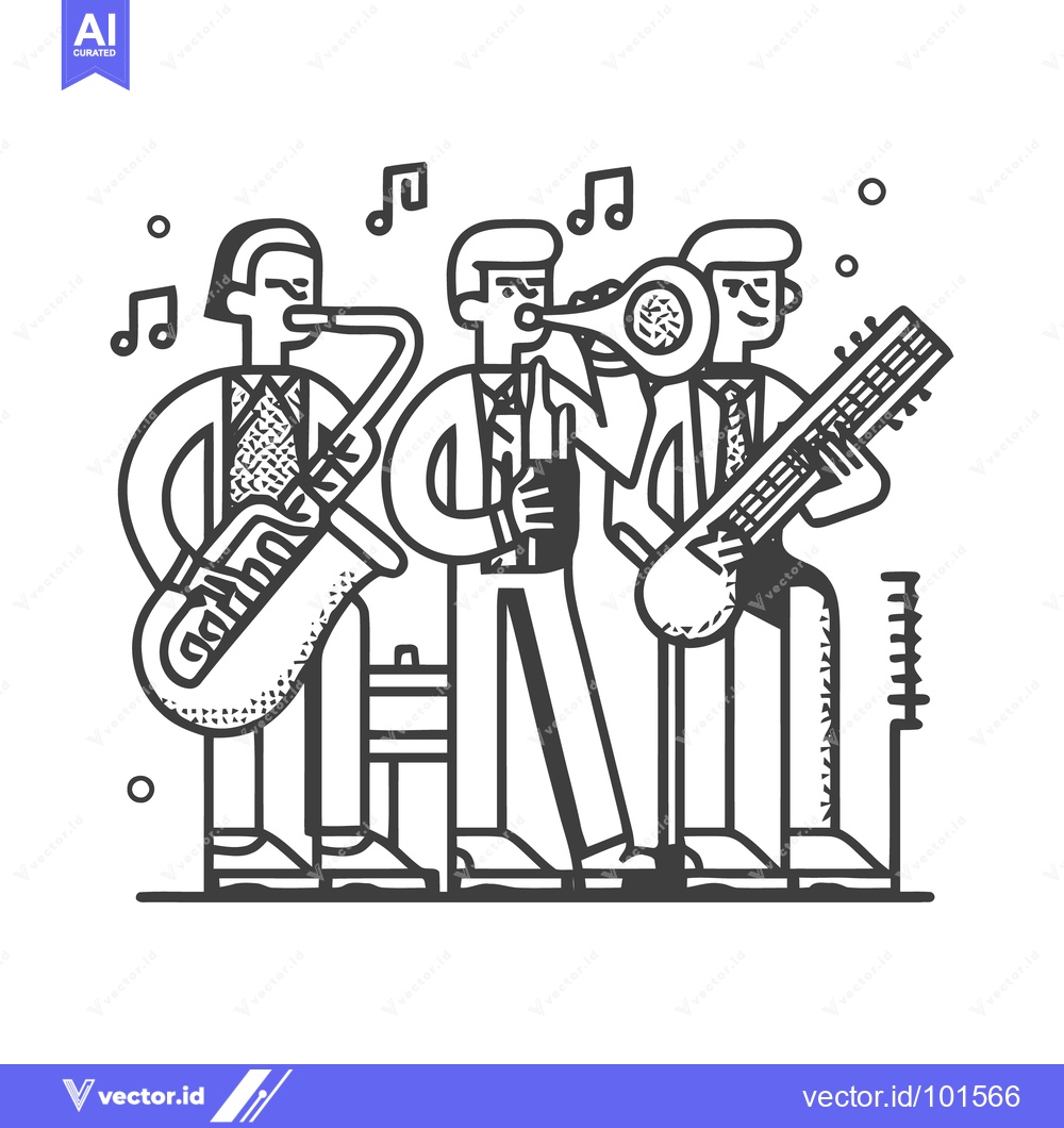 Premium Vector of Monochrome Jam Session: A Stylized Trio with Saxophone, Horn, and Sita